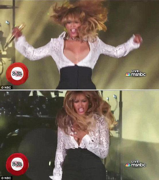 女星公开场合的尴尬: 女主播直播时内衣外泄,据英国媒体《每日邮报》报道，当地时间2014年9月27日，美国天后级歌手碧昂斯（Beyonce）在纽约市举行的全球公民节日上出现了相当尴尬的一幕。充满活力的舞台表演是碧昂斯的一贯作风，可是当天，她热情奔放的舞蹈动作崩开了胸前的白色衬衣，露出肉色内衣。外媒评价称，虽然碧昂斯因其豪放着装及大尺度表演而闻名，但是此次露出内衣则完全是意外状况。
