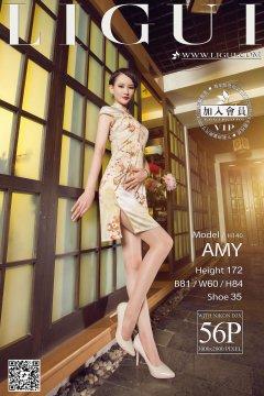 丽柜 Model AMY黄色旗袍肉色长筒丝袜与米色高跟美腿写真