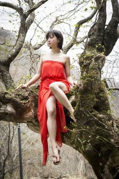 日本写真偶像喜屋武千秋 — 喜屋武ちあき红色抹胸裙古树上写真