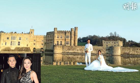 杨怡与罗仲谦在英国古堡前拍婚纱相，杨怡坐在草地上，有如童话故事的公主
