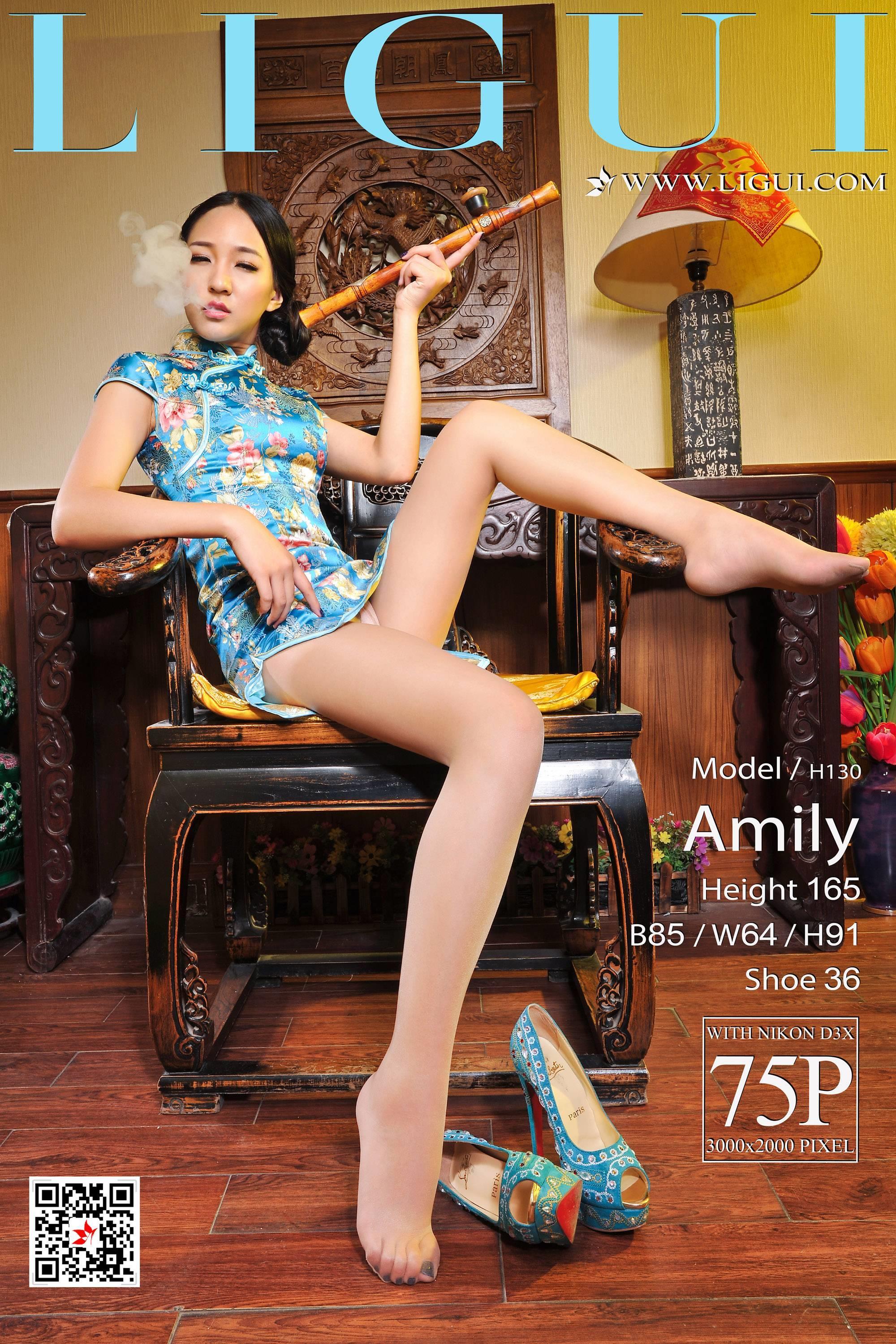 [Ligui丽柜会所]2018-08-07 Model Amily 蓝色短旗袍加肉色丝袜美腿玉足性感私房写真集,