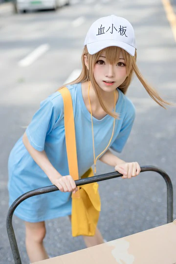 清纯少女快递员 绮太郎Kitaro 血小板 蓝色连身短袖街拍写真