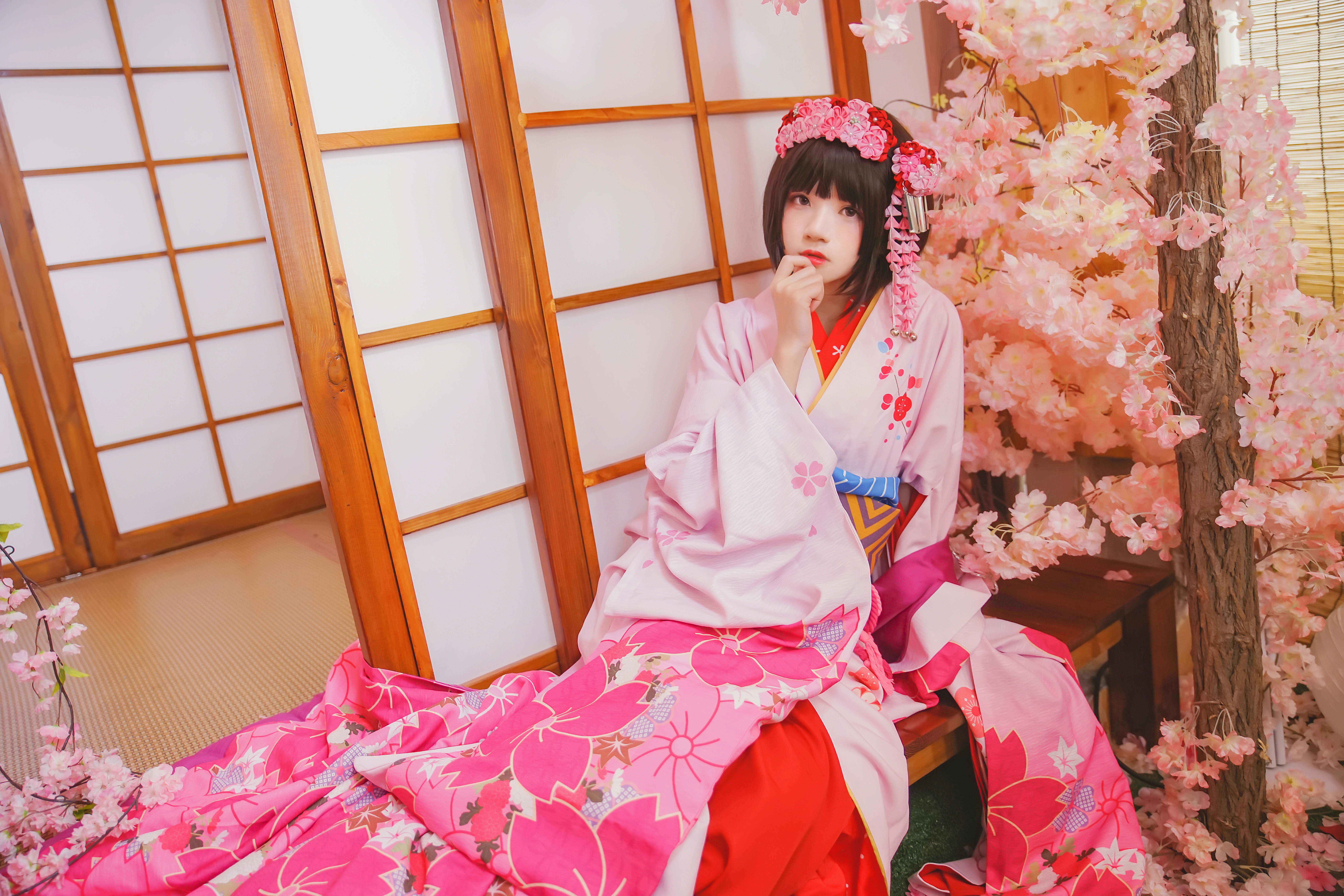 清纯少女小萝莉 桜桃喵 粉色和服加红色长裙私房写真,0010