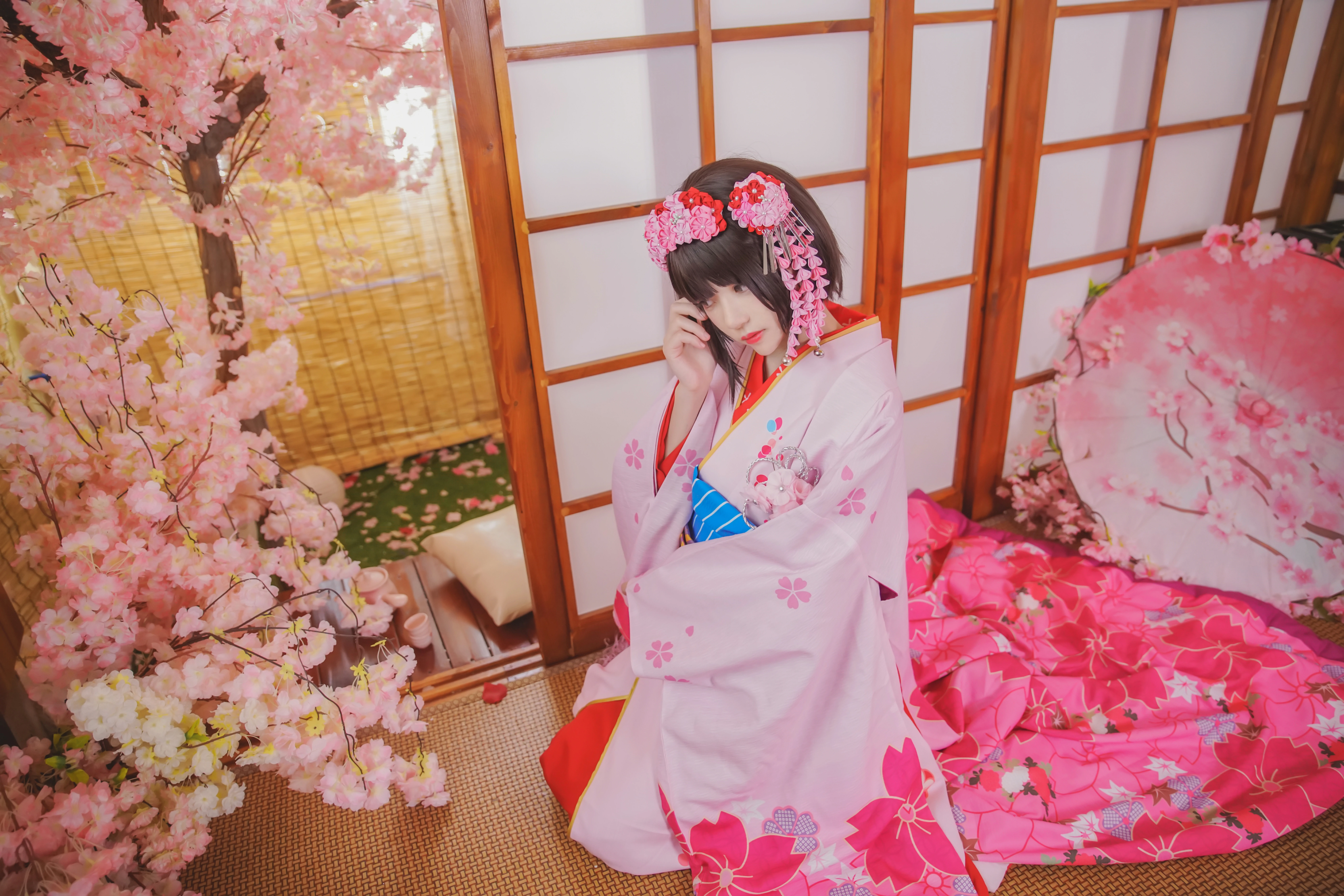 清纯少女小萝莉 桜桃喵 粉色和服加红色长裙私房写真,017