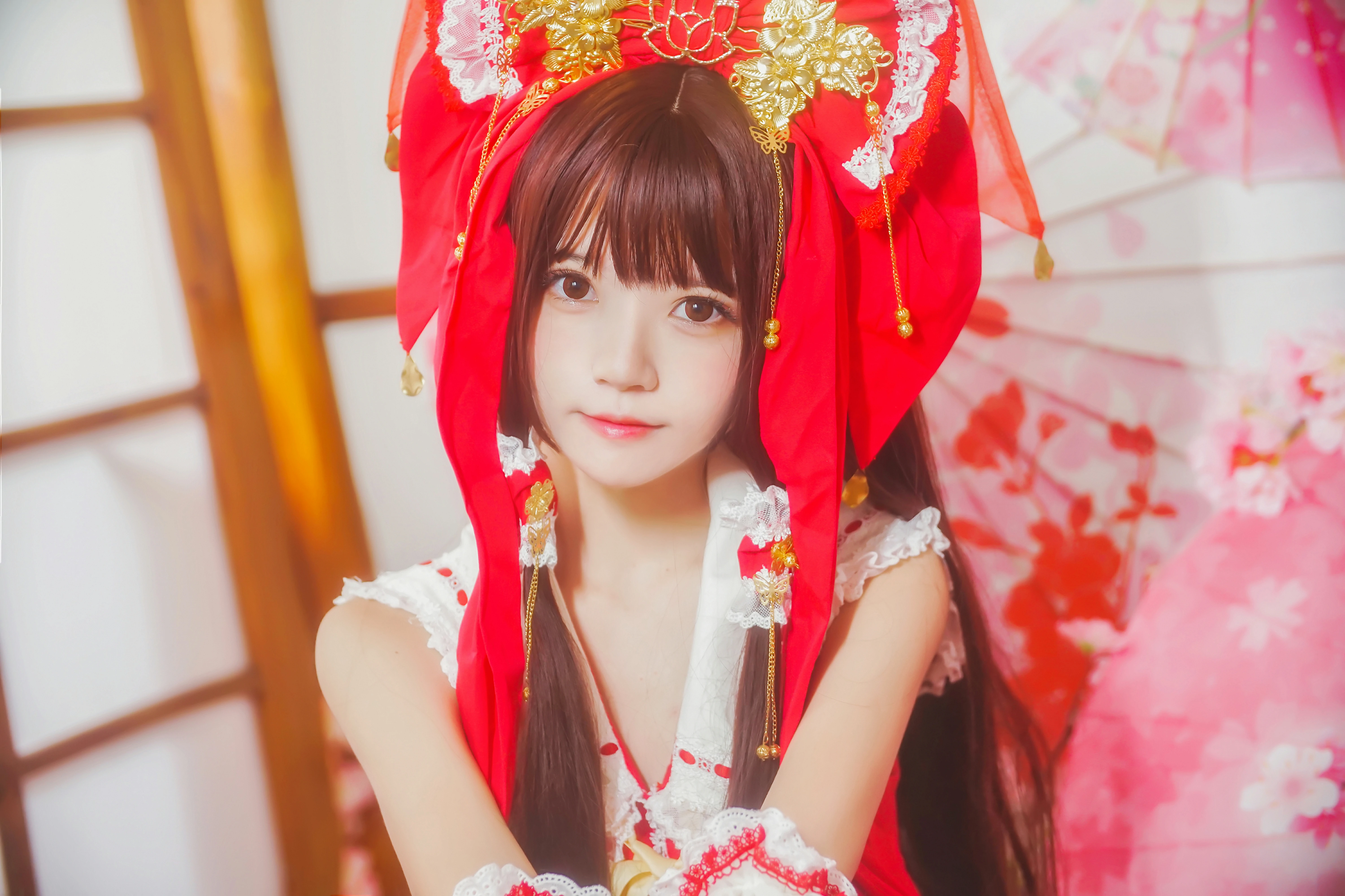 清纯少女小萝莉 桜桃喵 红色连身制服裙 和风写真,0014