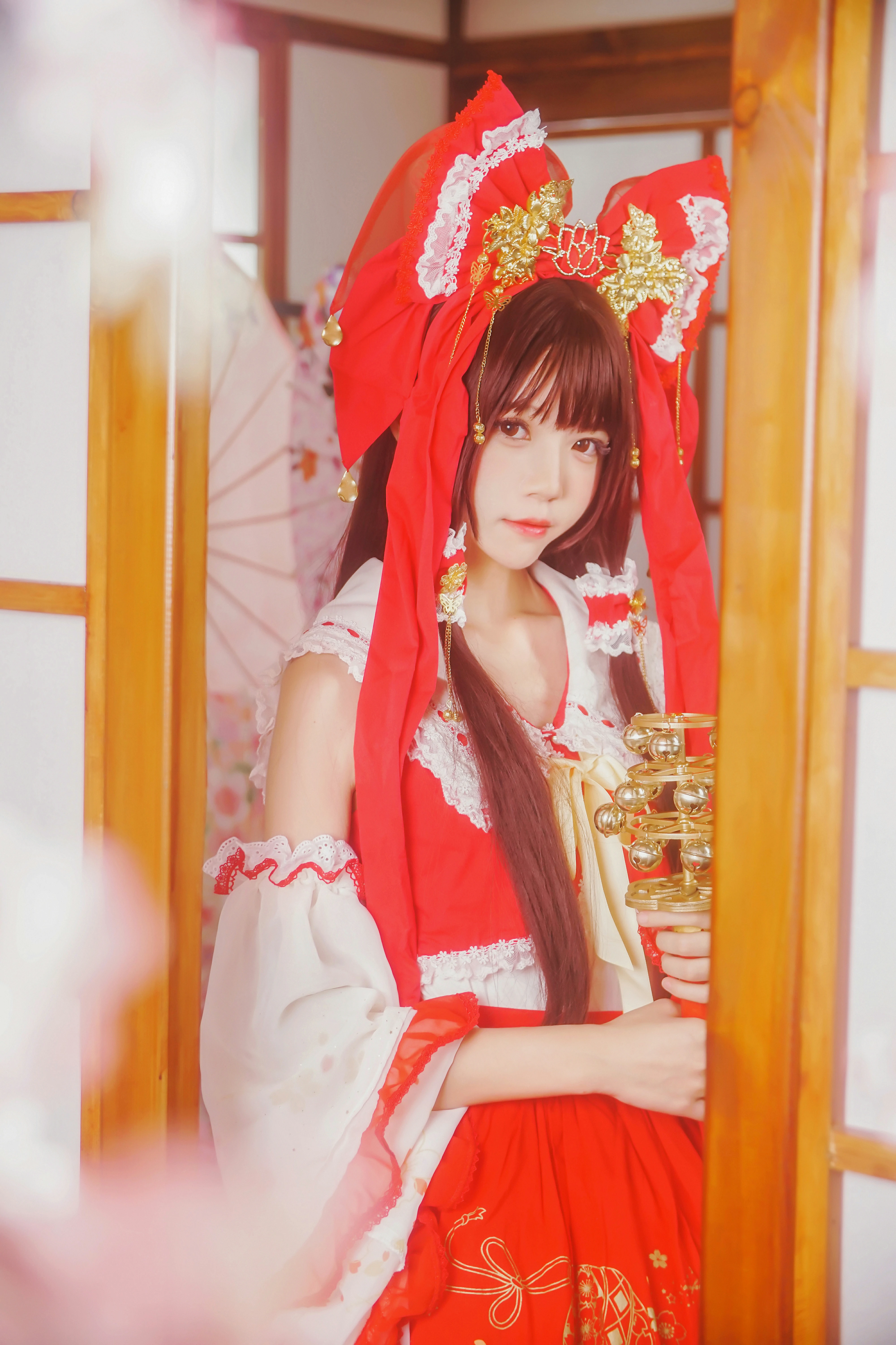 清纯少女小萝莉 桜桃喵 红色连身制服裙 和风写真,0010