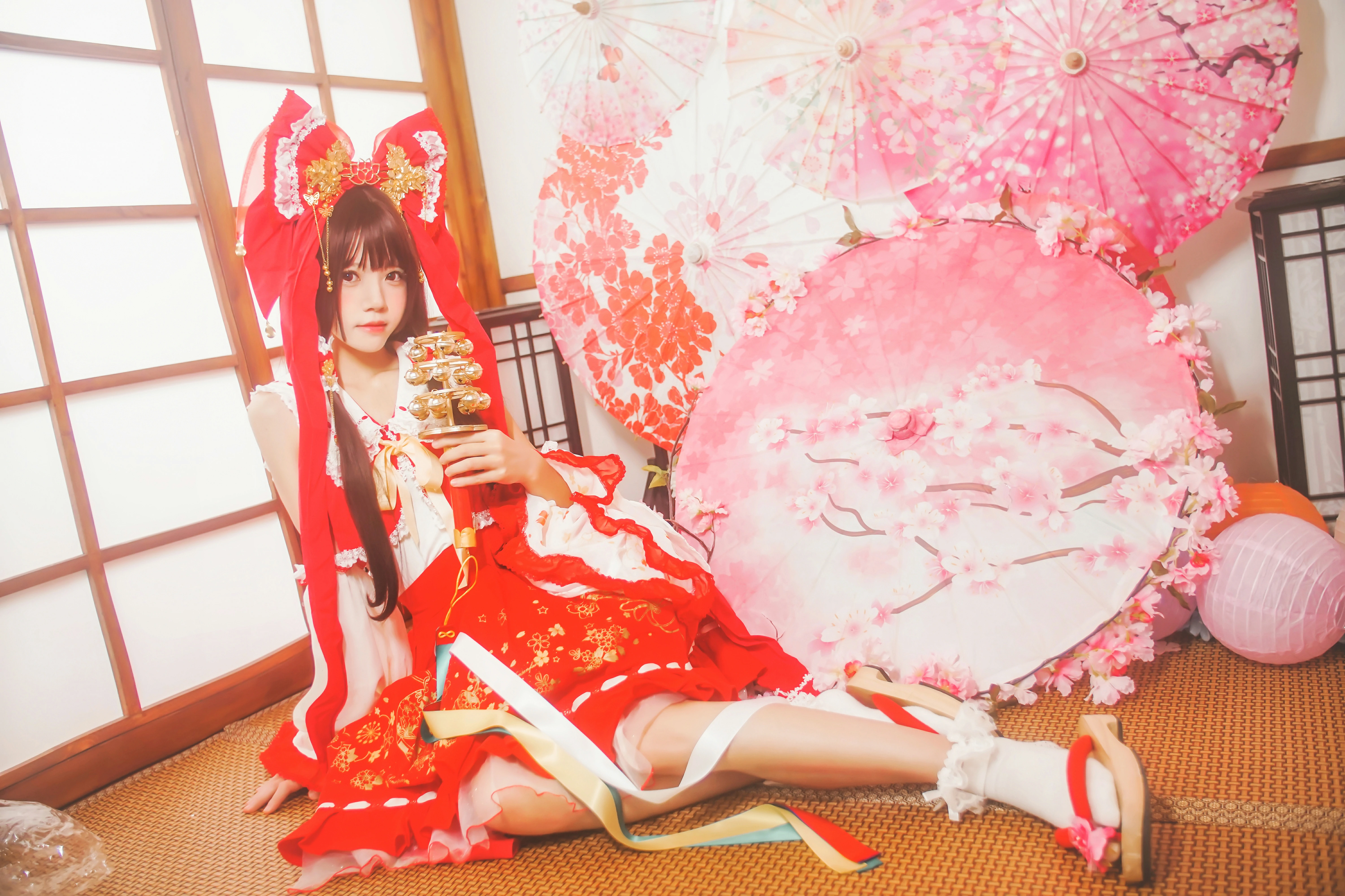 清纯少女小萝莉 桜桃喵 红色连身制服裙 和风写真,0012