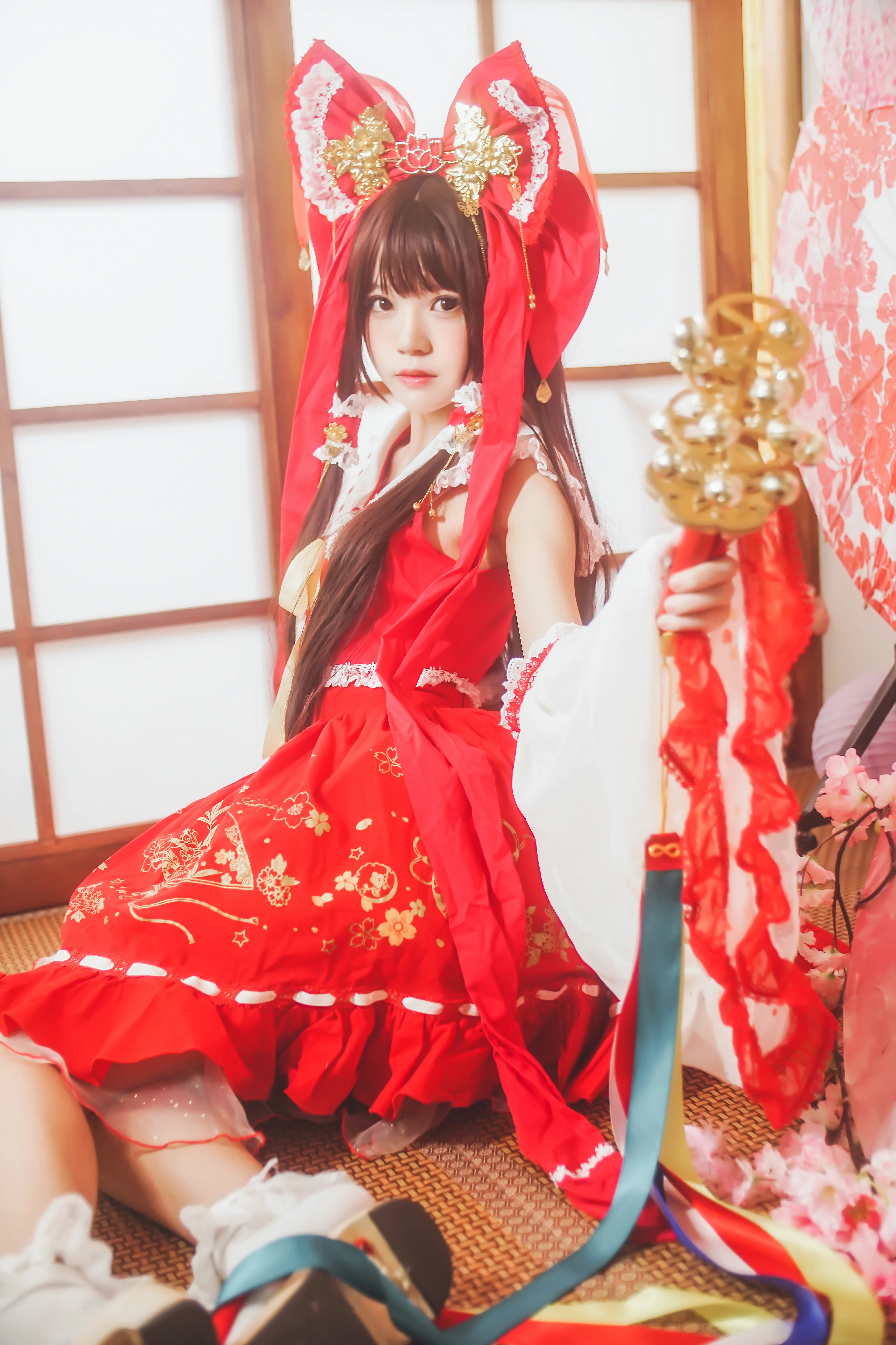 清纯少女小萝莉 桜桃喵 红色连身制服裙 和风写真,0018