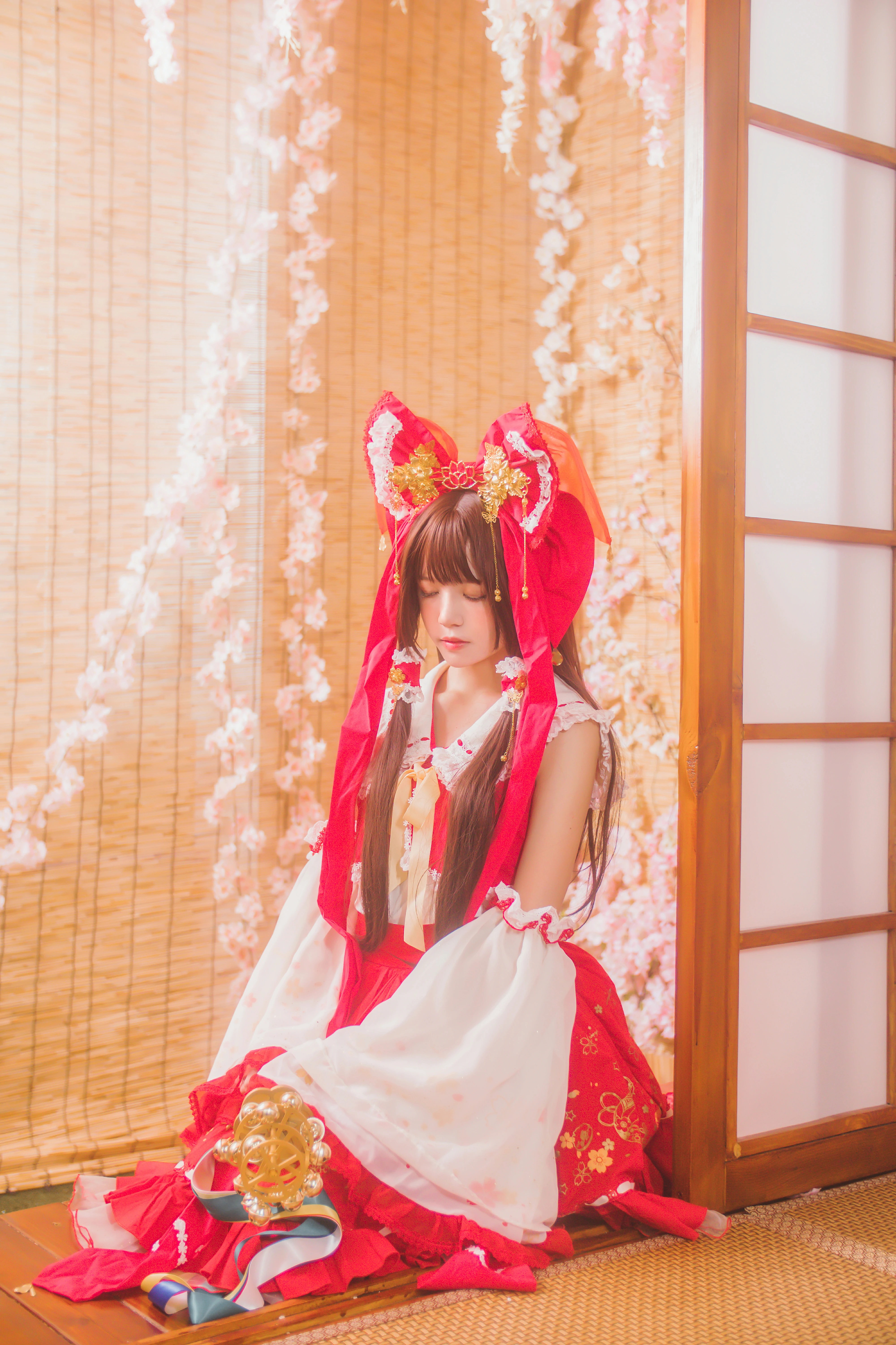 清纯少女小萝莉 桜桃喵 红色连身制服裙 和风写真,0021