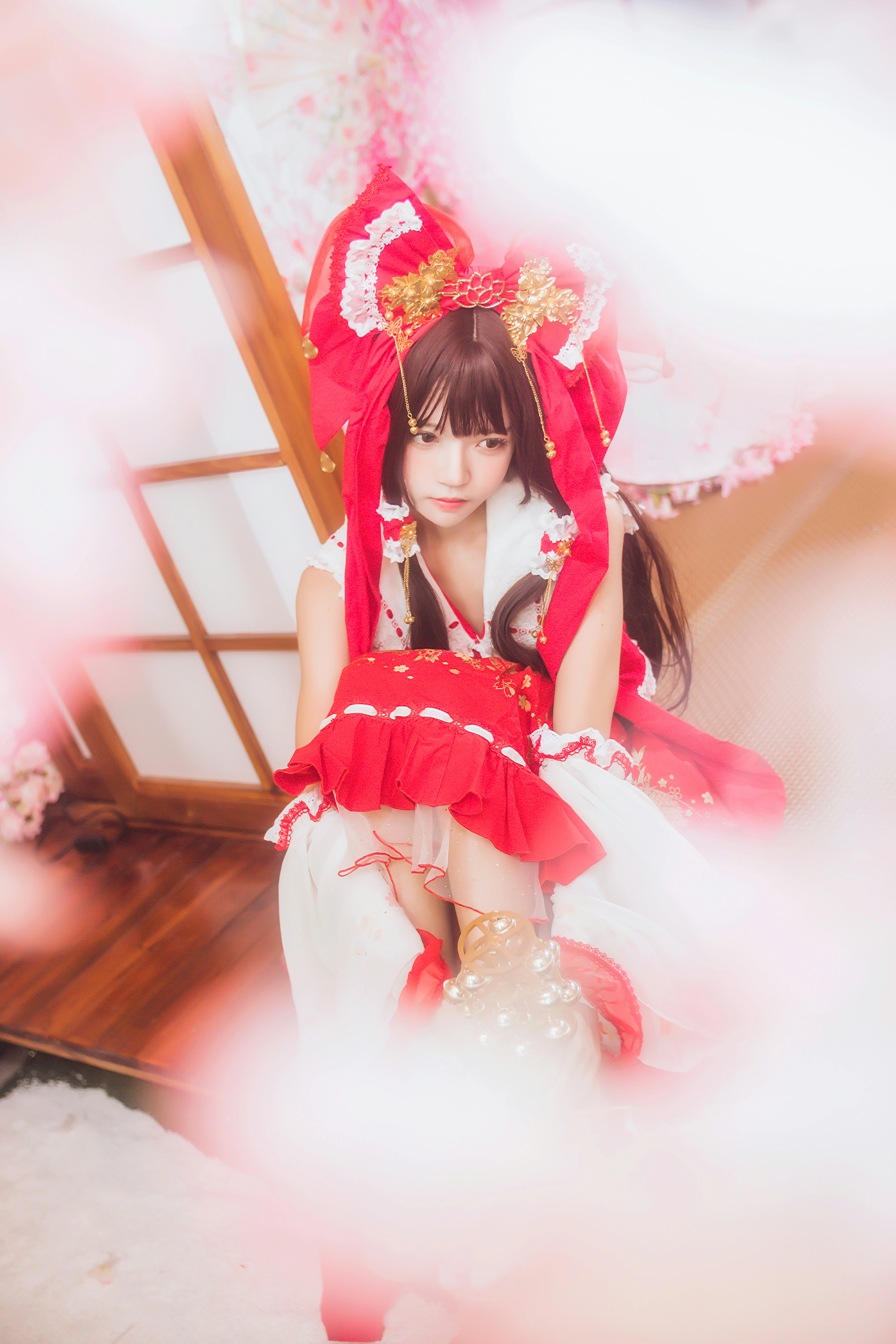 清纯少女小萝莉 桜桃喵 红色连身制服裙 和风写真,0023