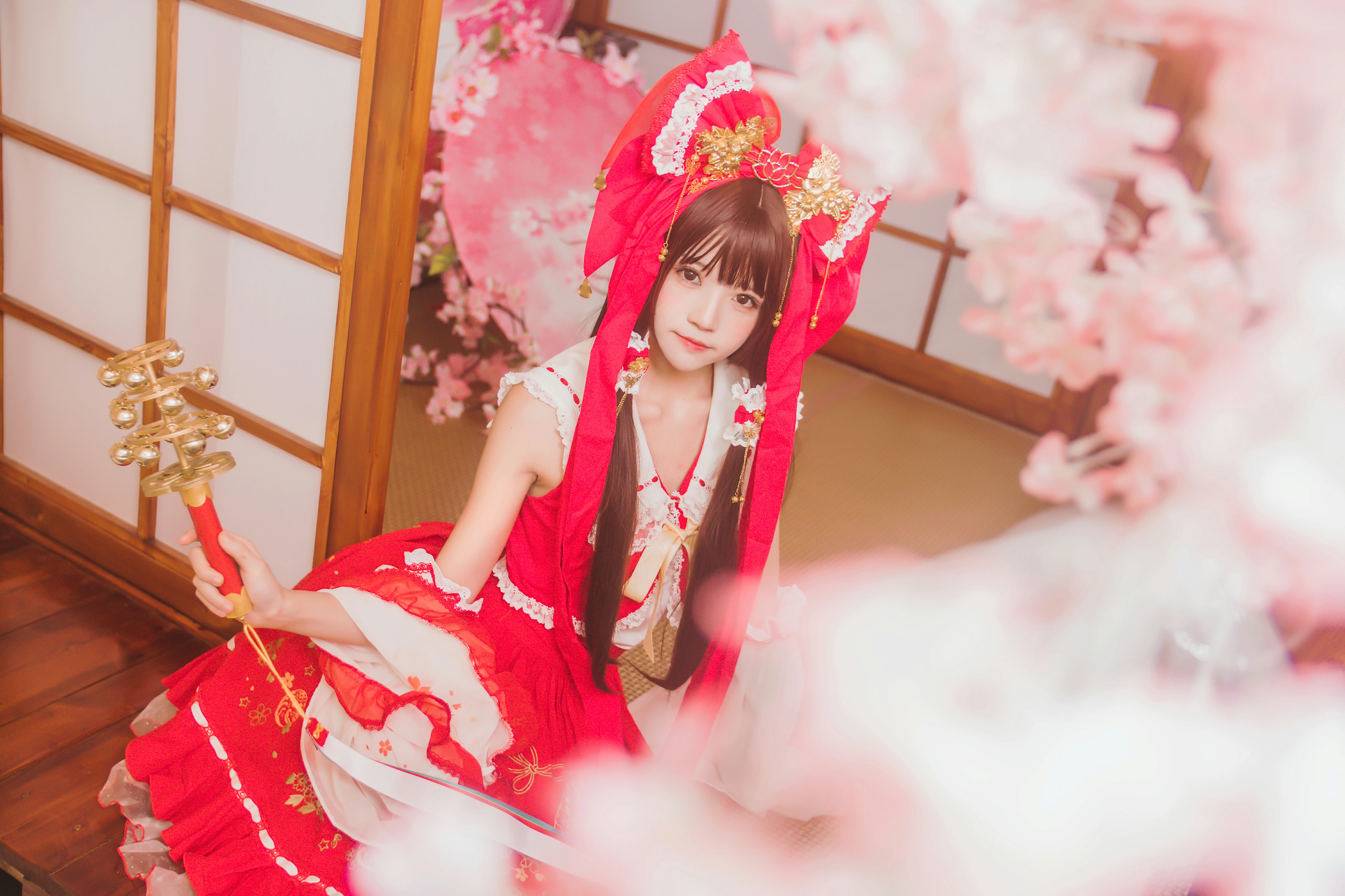 清纯少女小萝莉 桜桃喵 红色连身制服裙 和风写真,0022