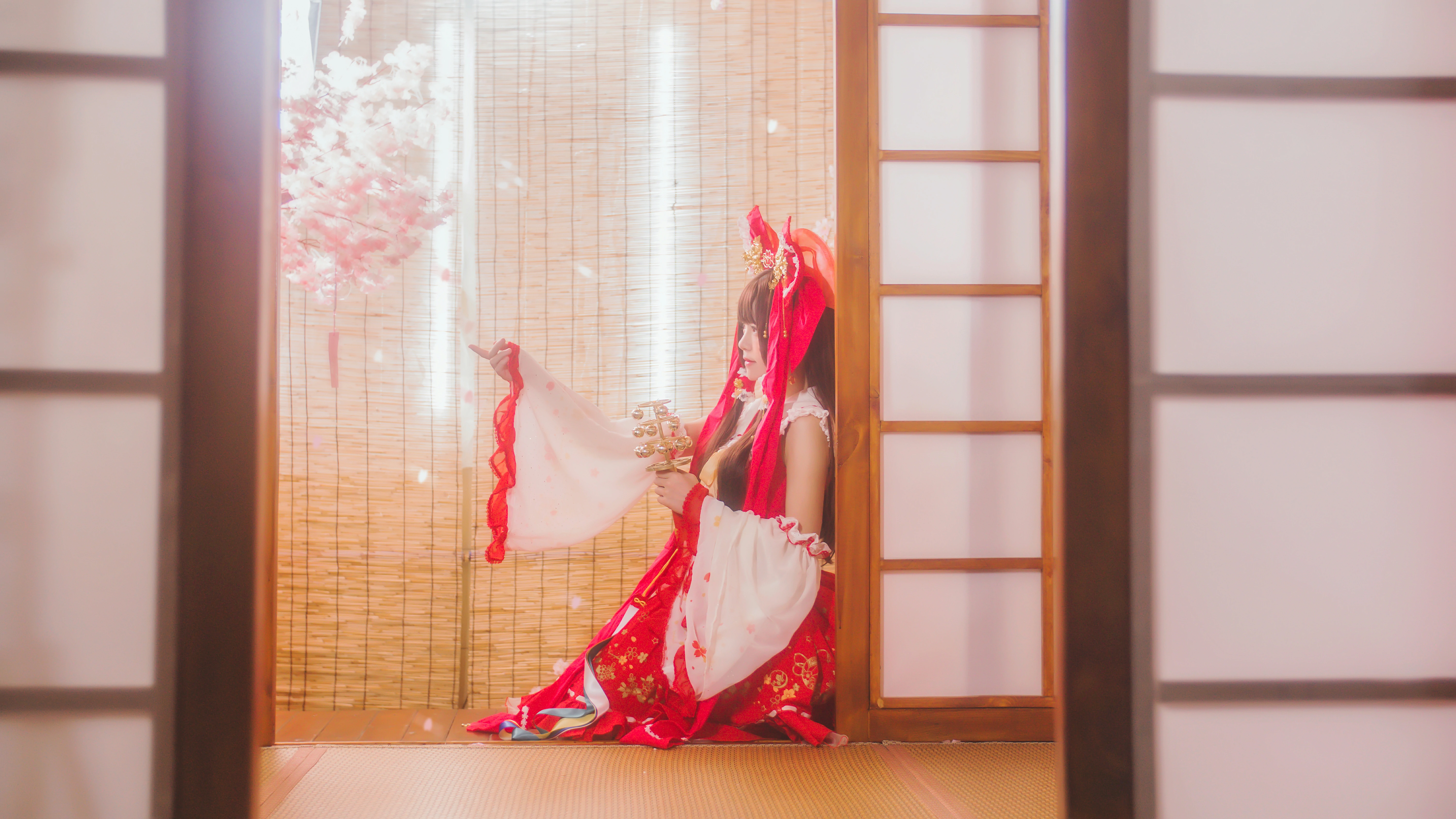 清纯少女小萝莉 桜桃喵 红色连身制服裙 和风写真,0020