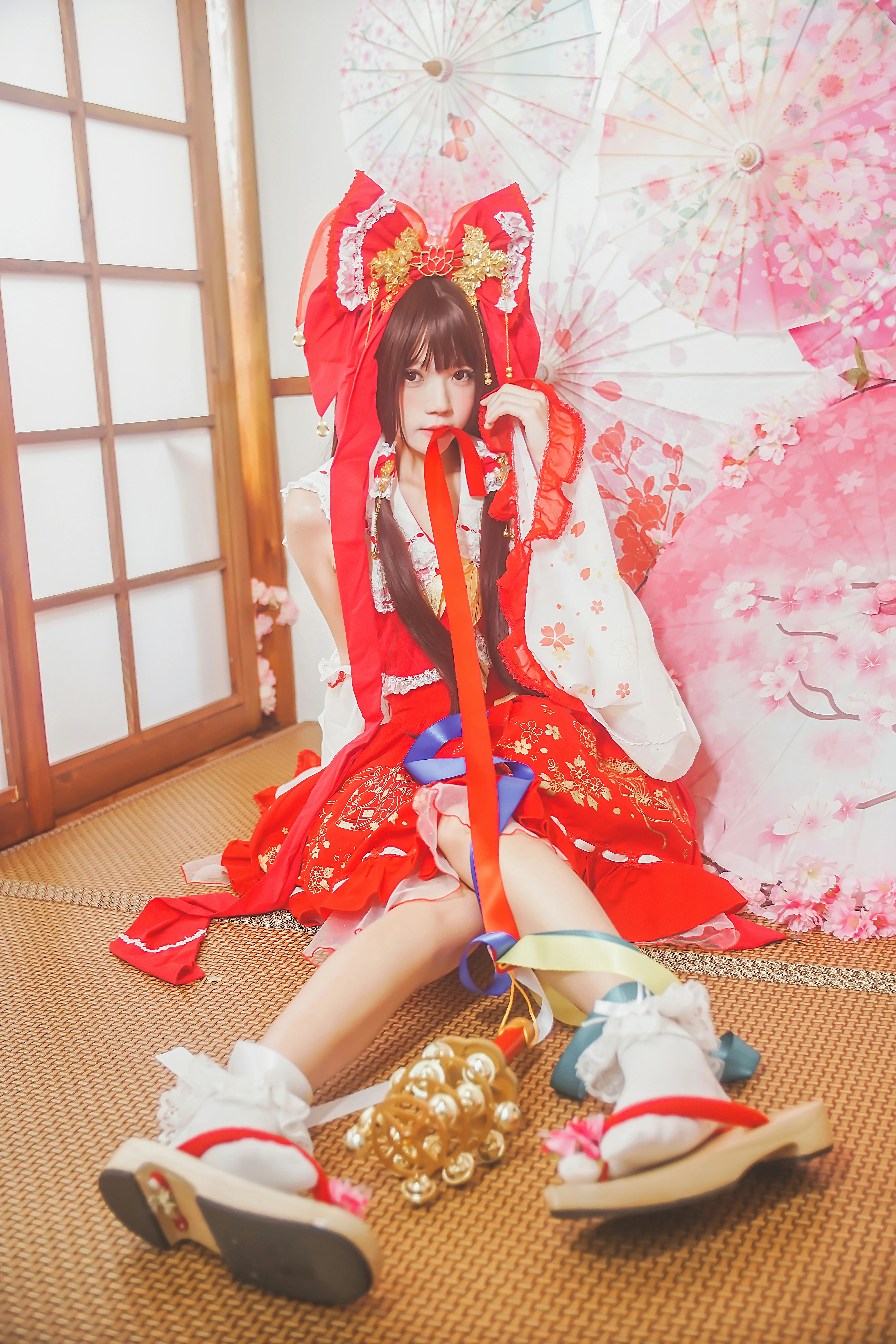 清纯少女小萝莉 桜桃喵 红色连身制服裙 和风写真,0017