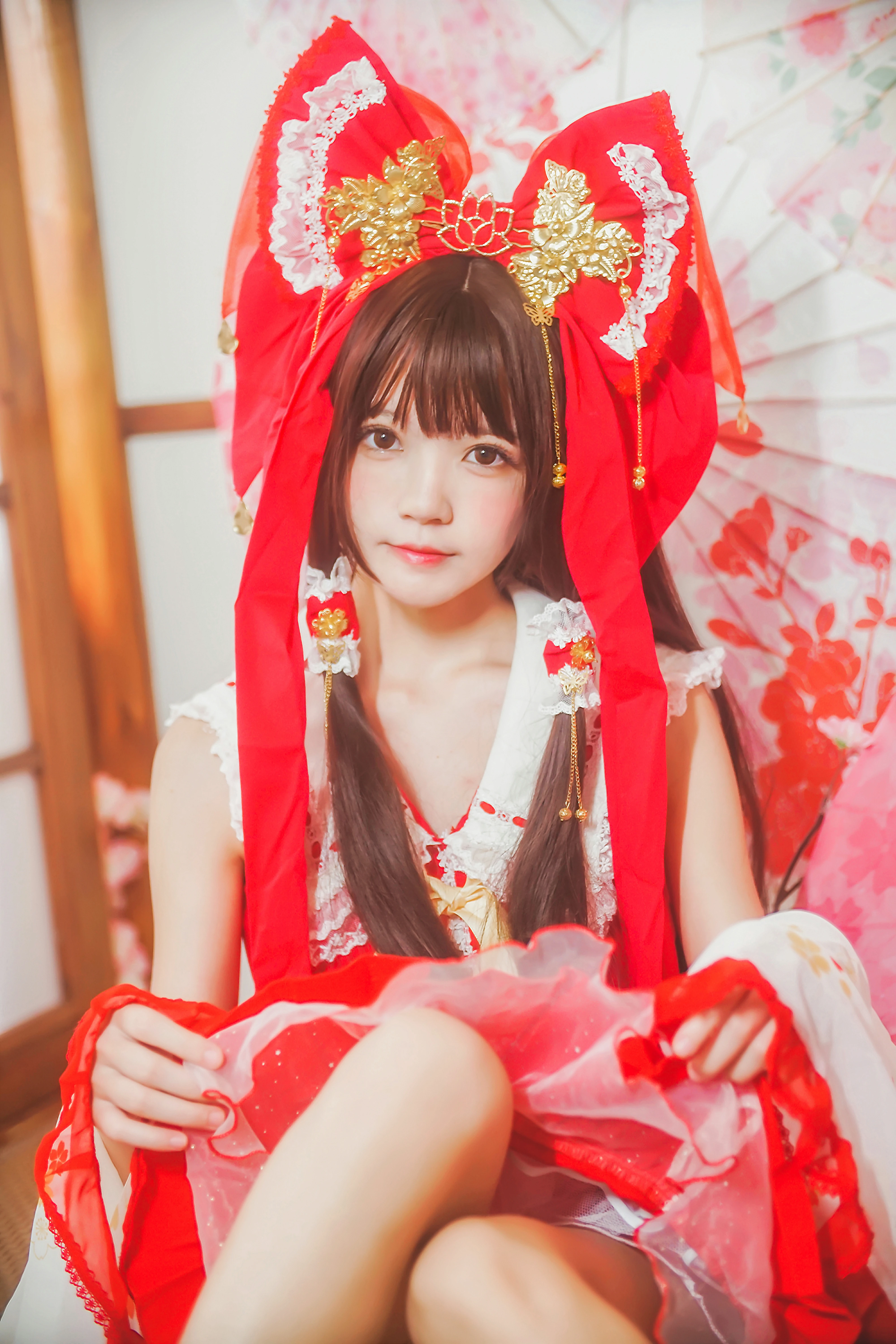 清纯少女小萝莉 桜桃喵 博丽灵梦 红色连衣裙和风写真,0016