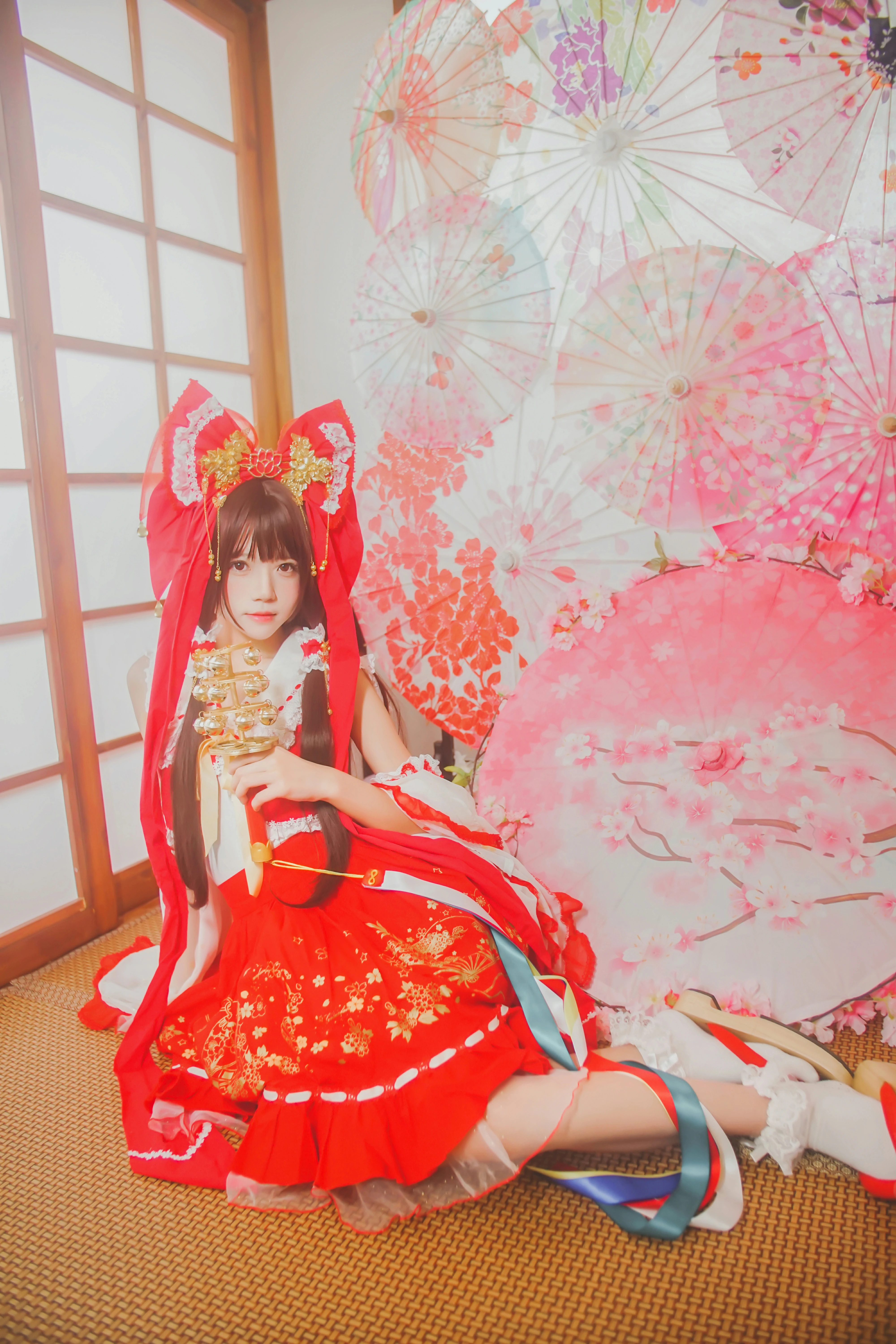 清纯少女小萝莉 桜桃喵 博丽灵梦 红色连衣裙和风写真,0013