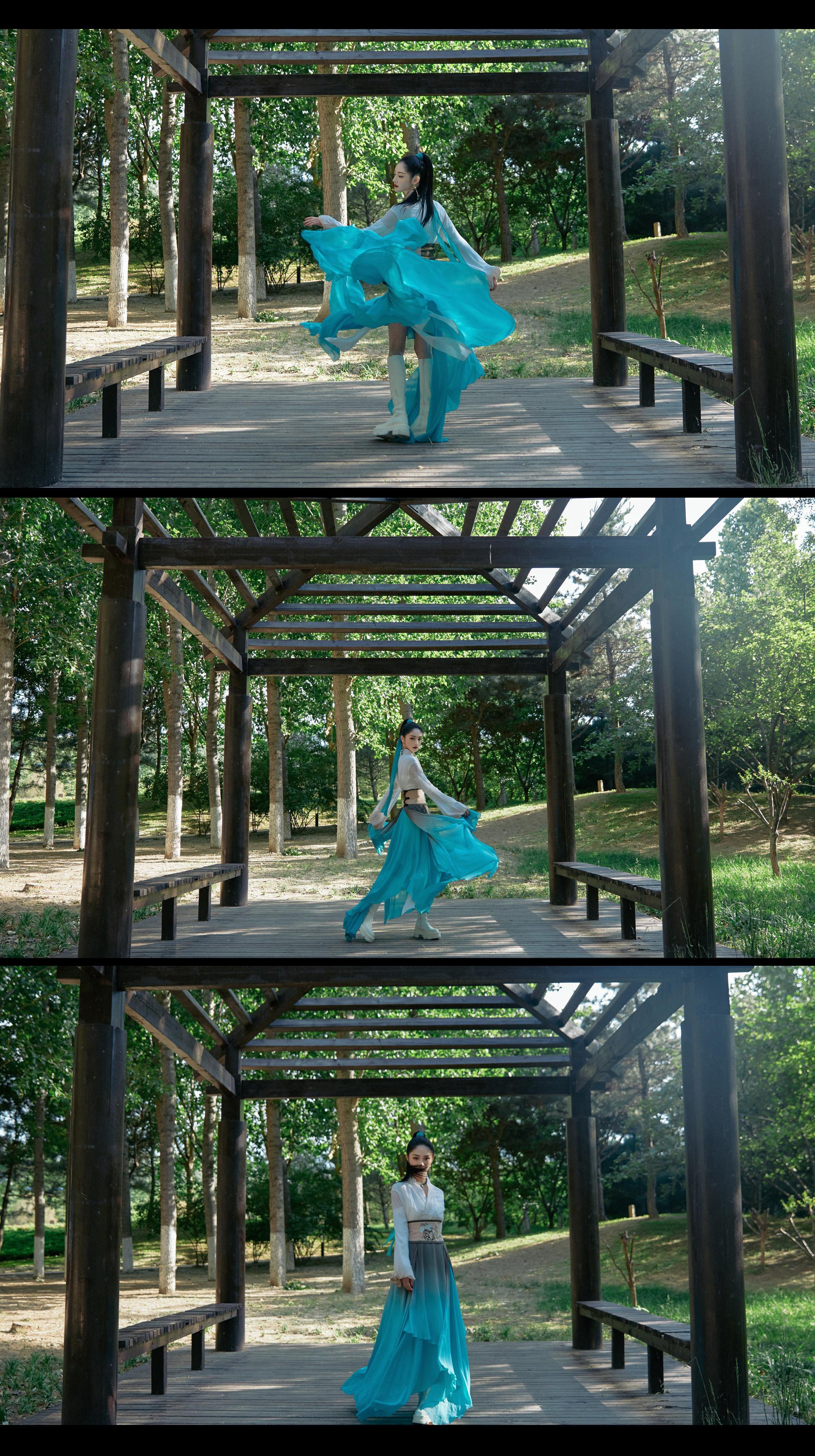 周洁琼蓝衫飘飘诠释国风魅力 水墨造型舞于林间斑驳光影,6