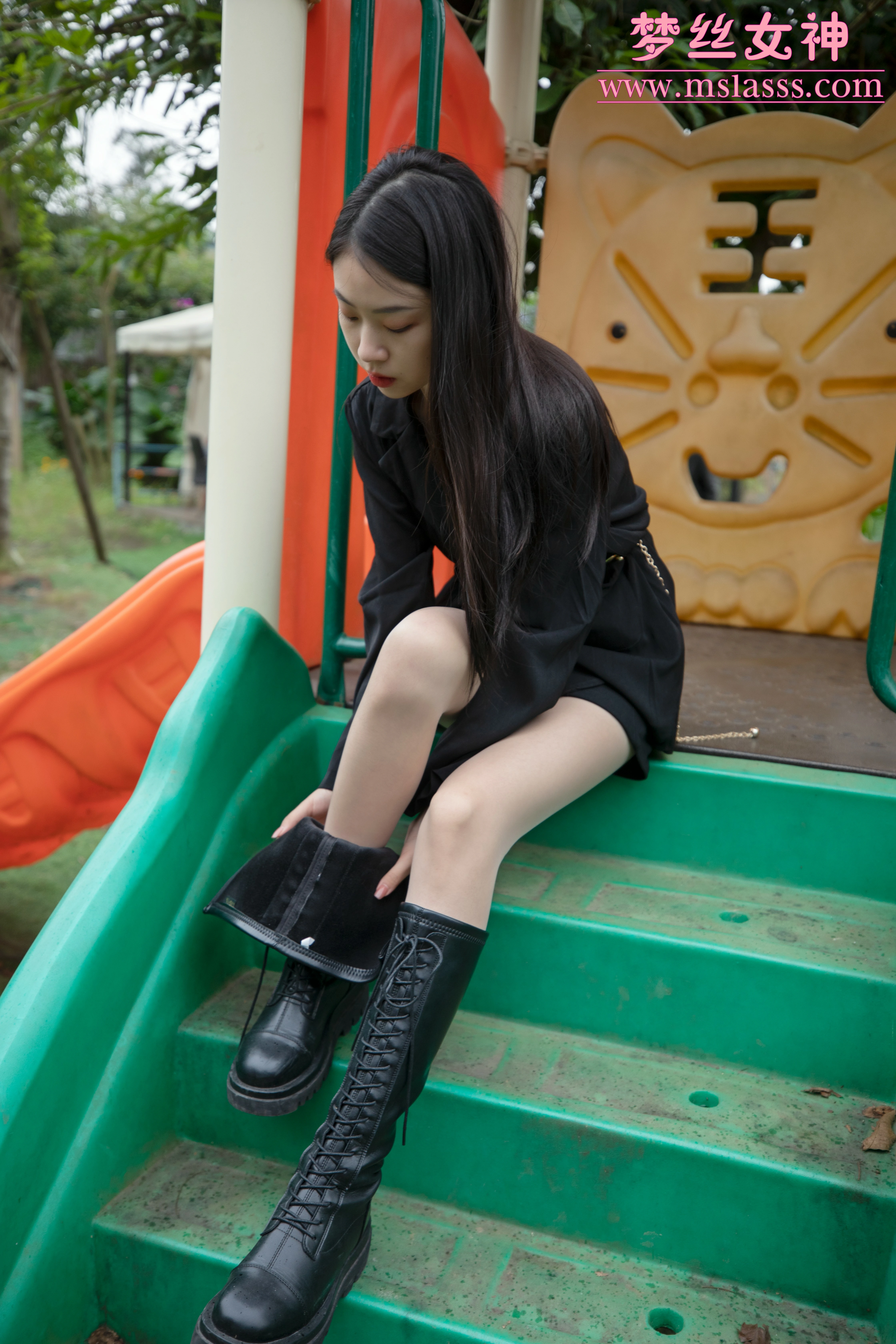 [MSLASS梦丝女神]NO.164 新模超细腿 娜贝儿 黑色连衣裙加肉丝美腿性感写真集,0010