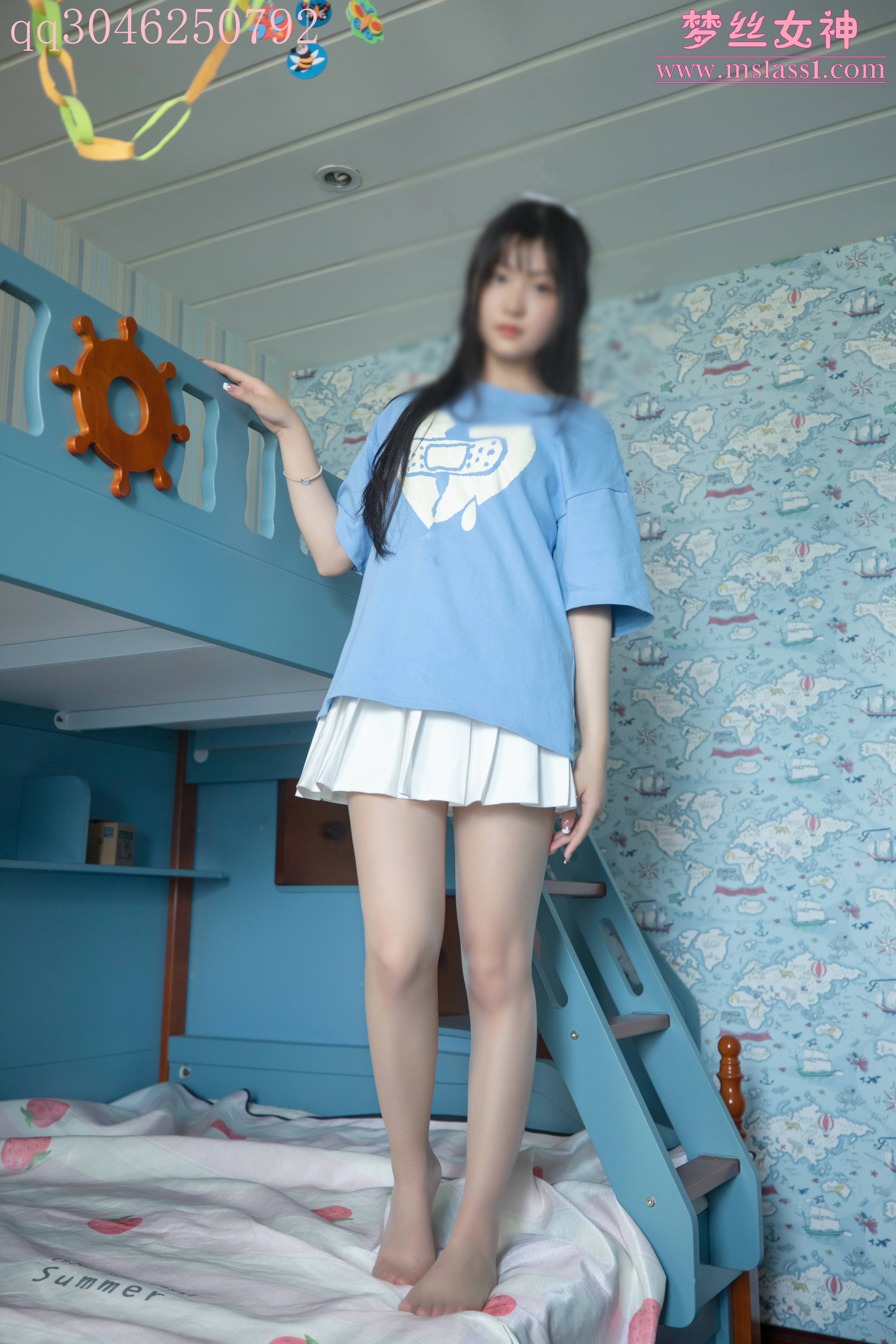 [MSLASS梦丝女神]NO.163 蓝菲菲 蓝色短袖与白色短裙加肉丝美腿玉足性感私房写真集,0010