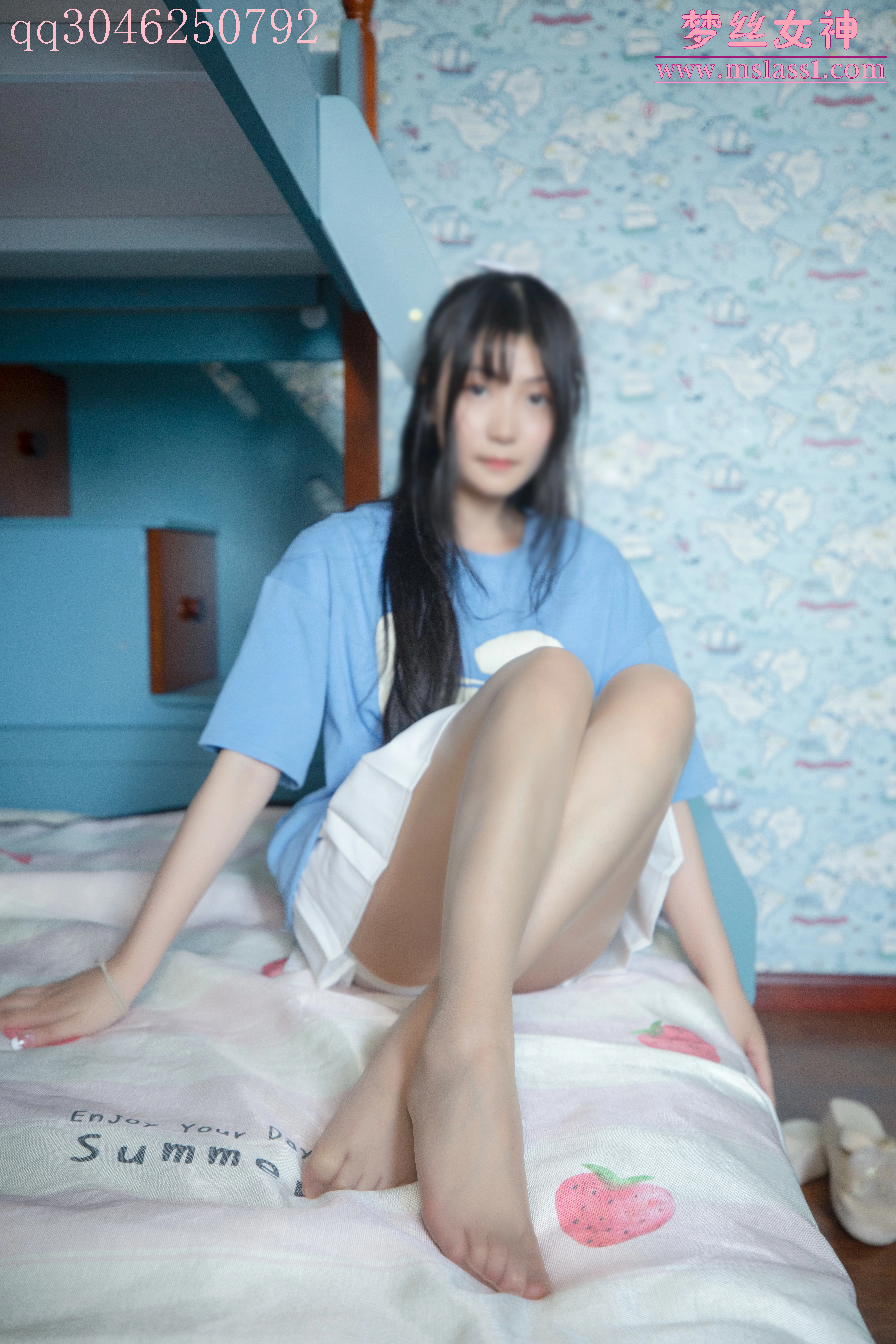 [MSLASS梦丝女神]NO.163 蓝菲菲 蓝色短袖与白色短裙加肉丝美腿玉足性感私房写真集,0014