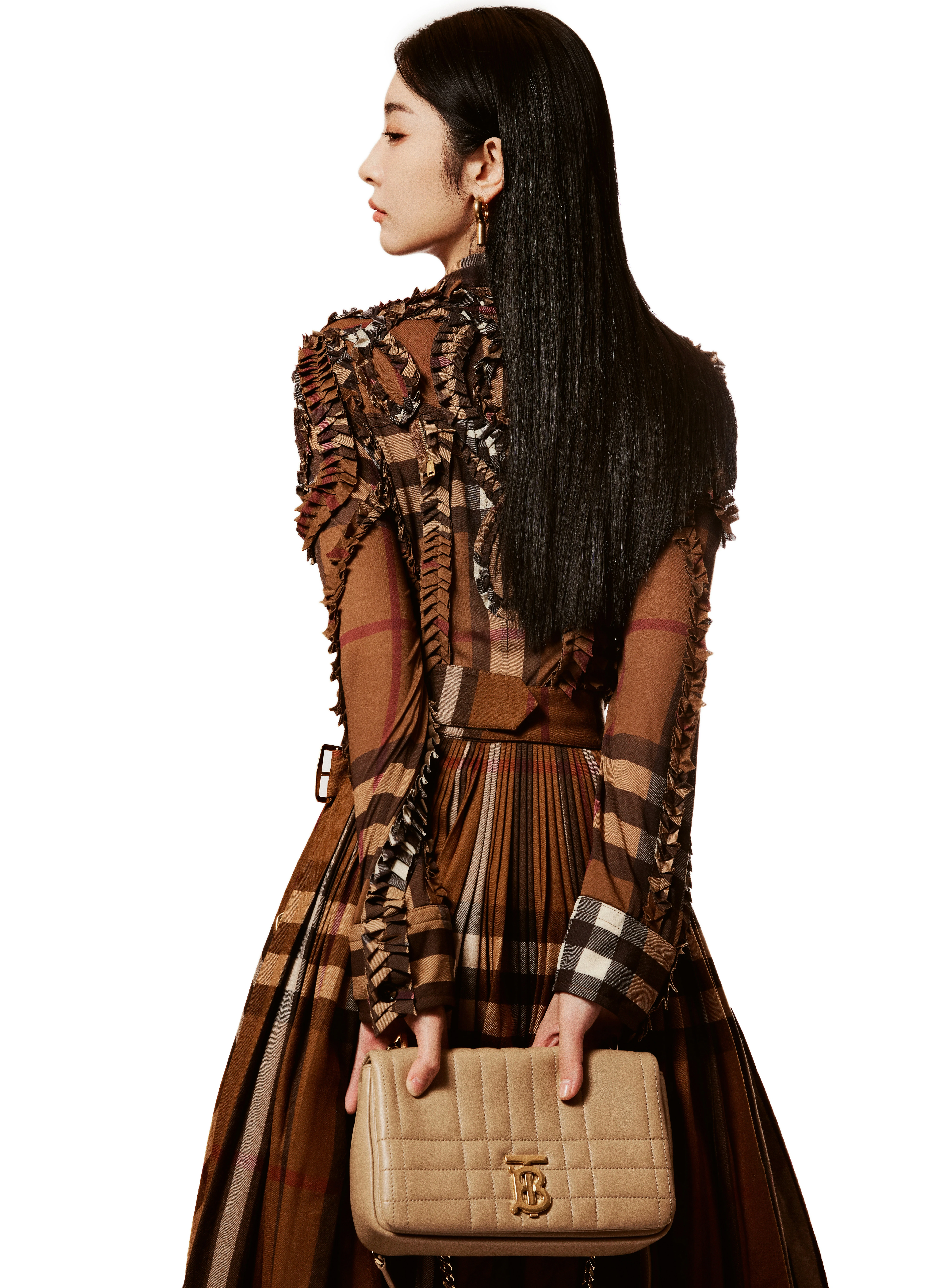赵小棠身着棕色格纹连衣裙，细节丰富、充满设计感,10