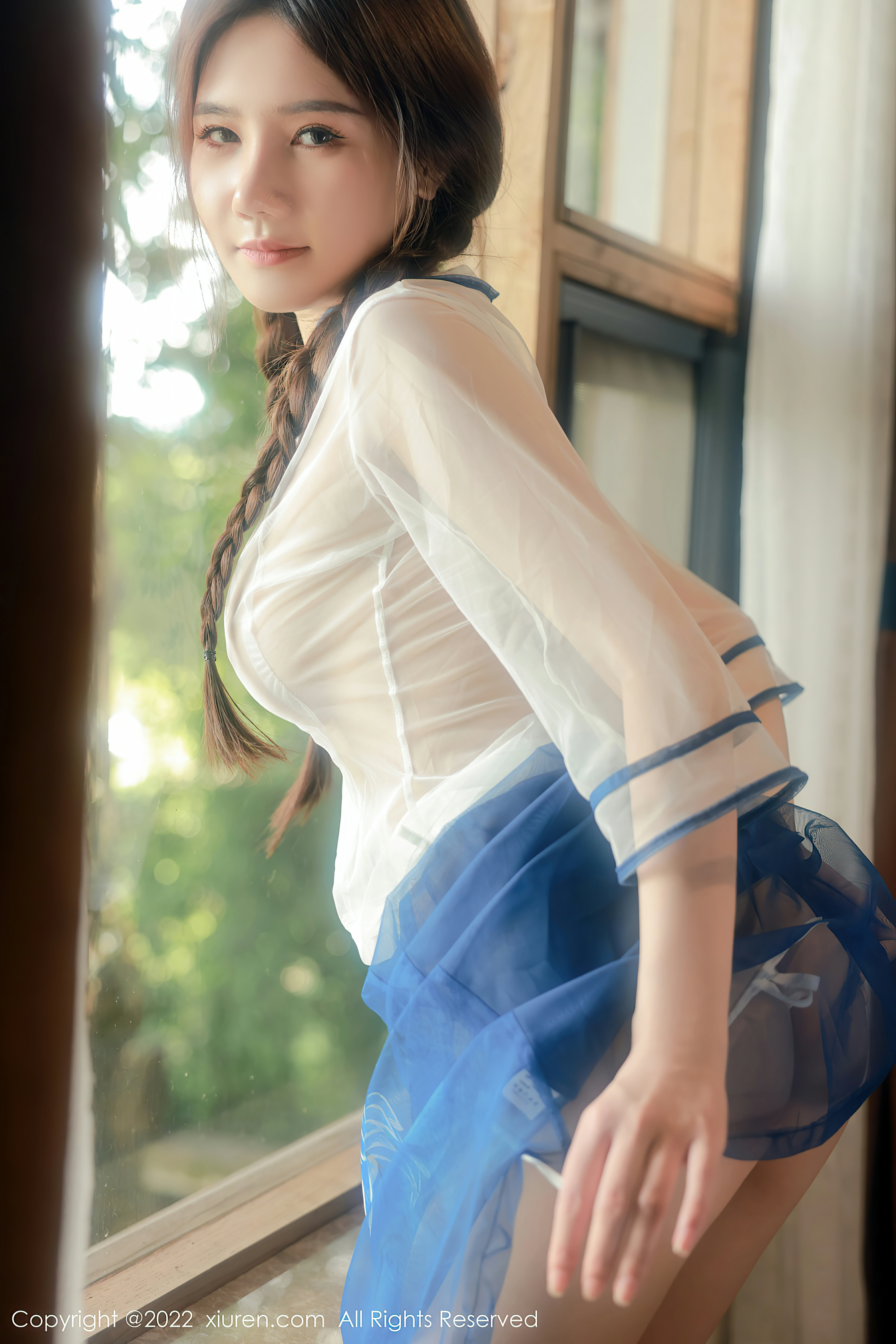 [Xiuren秀人网]XR20220718N05287 古月小同学 白色透视旗袍加蓝色短裙性感私房写真集,0022